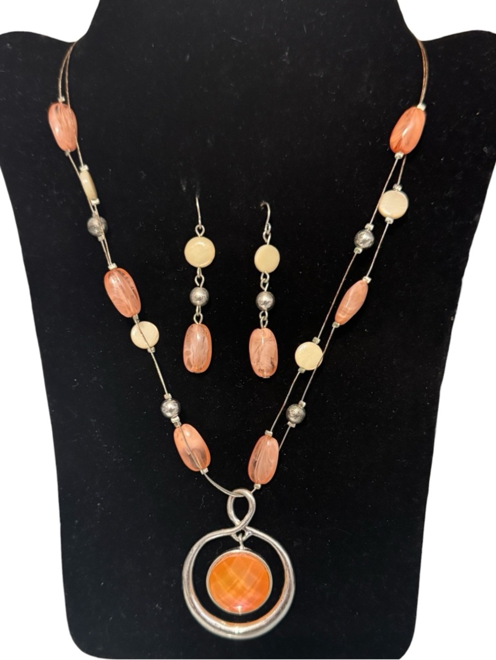 Peach Orange Cream Statement Necklace dangle earrings set